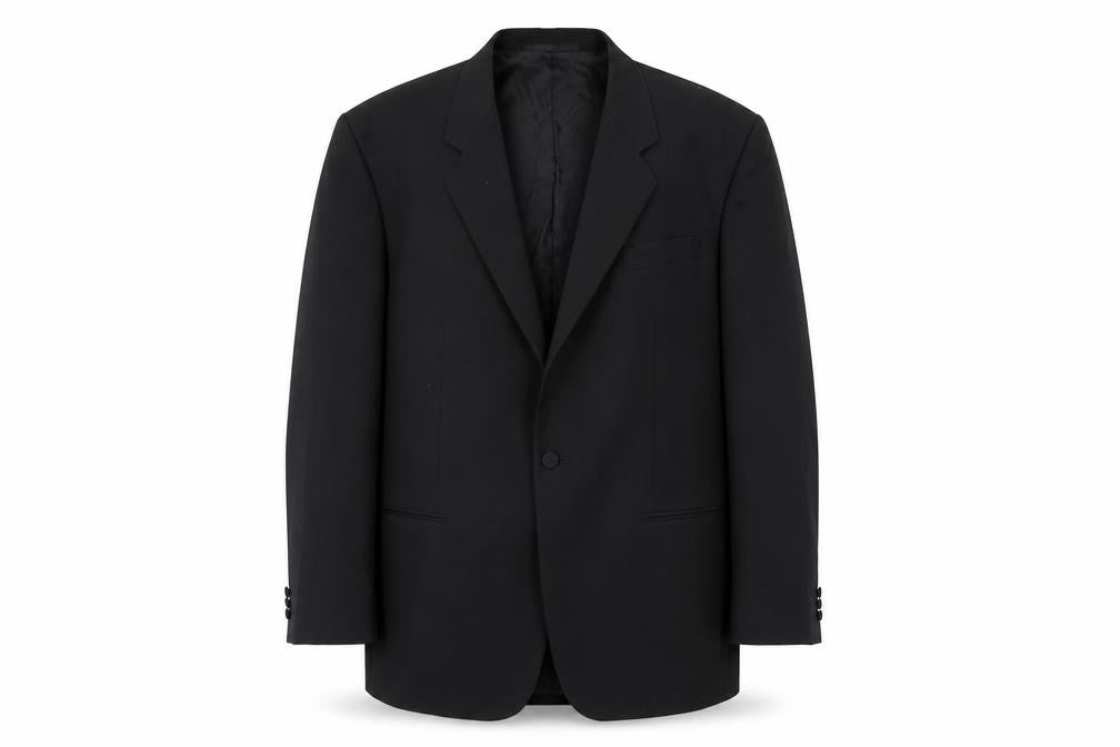 Front view of Jams Barry men’s black polyester jacket blazer, size L