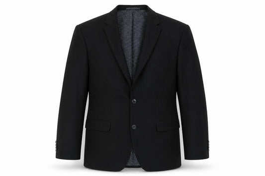 Front view of Taylor & Wright men’s black polyester jacket blazer, size 42, - tailored fit
