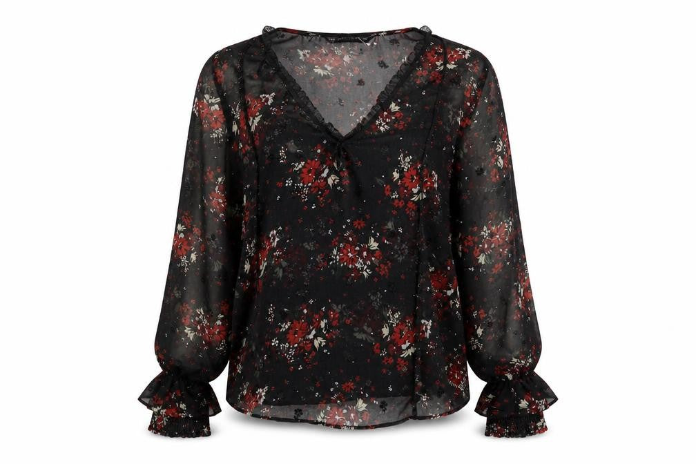 Front view of Zara women’s black floral polyester basic blouse, size M, v-neck - lace detail