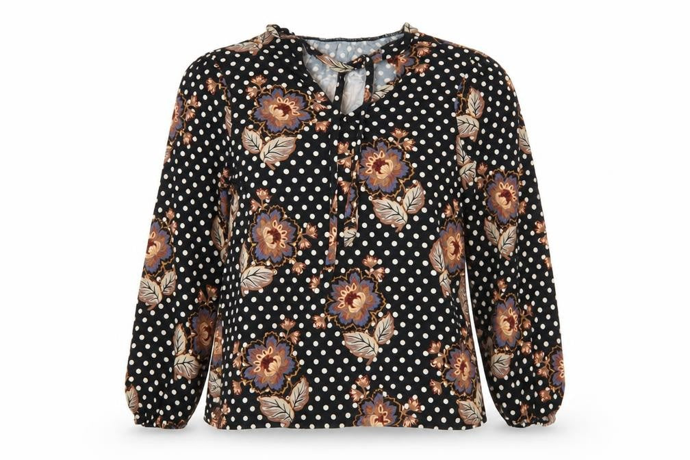 Front view of Tu women’s black polka dot viscose basic blouse, size UK 14, v-neck