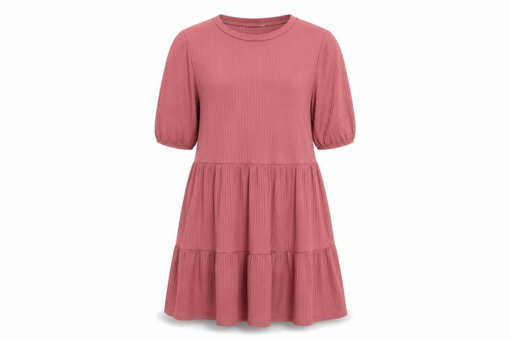Front view of George women’s pink polyester fit & flare, size UK 10, crew neck pullover - ribbed tiered