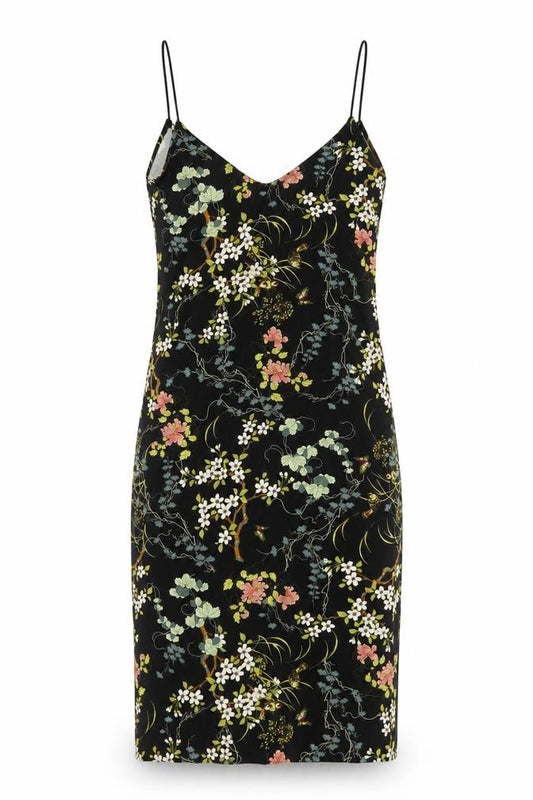 Front view of Pull&Bear women’s black floral polyester slip dress, size S, v-neck pullover