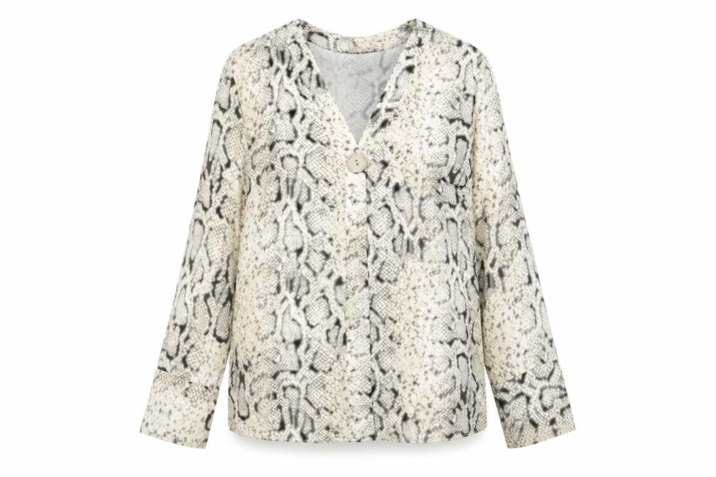 Front view of New Look women’s beige animal print polyester basic blouse, size UK 8, v-neck - snakeskin