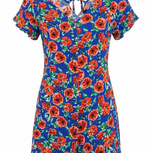 Papaya Womens Blue Floral Viscose A-Line Size 8 V-Neck Button