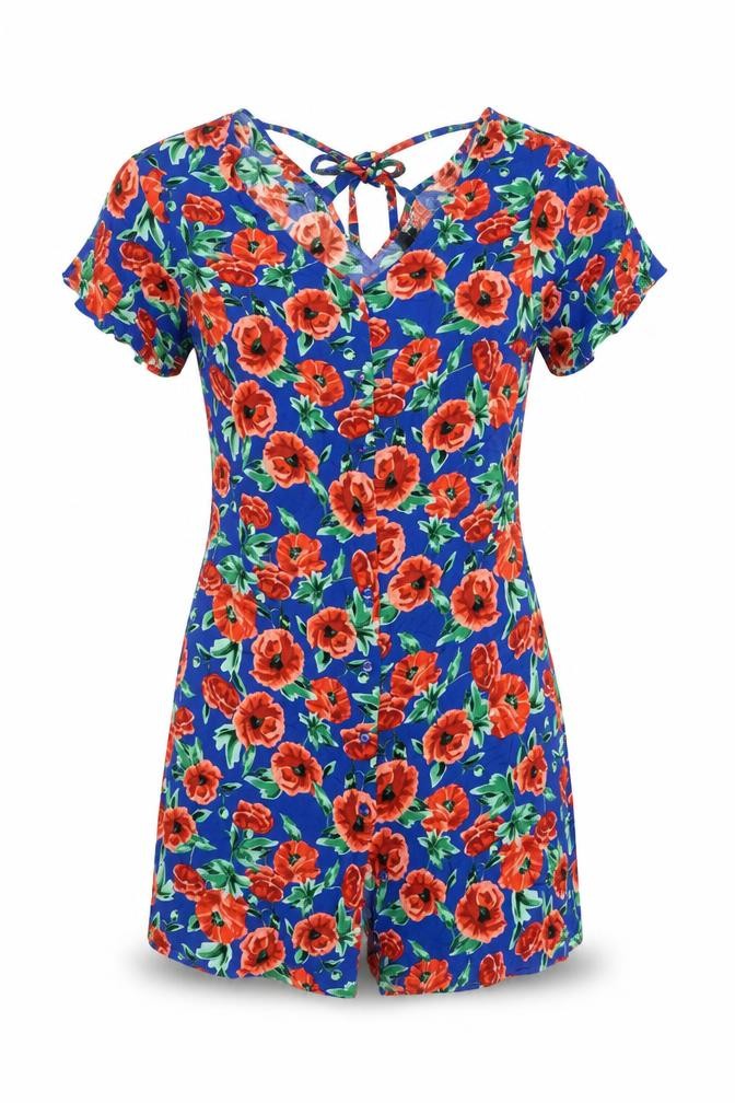 Papaya Womens Blue Floral Viscose A-Line Size 8 V-Neck Button