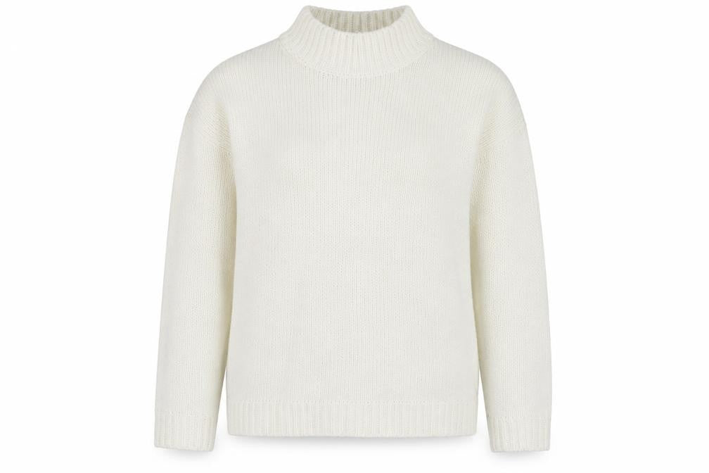 Front view of Studio women’s white high neck acrylic jumper, size UK 12