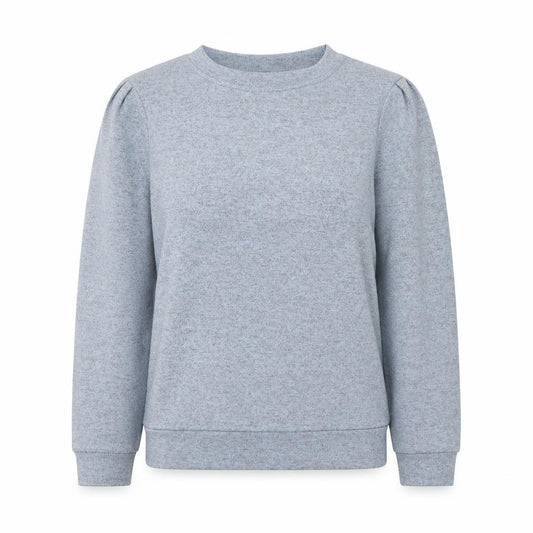 Front view of Nutmeg women’s blue round neck polyester jumper, size UK 12, - pleated sleeve