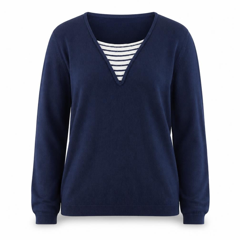 Front view of Cashmasoft women’s blue v-neck acrylic jumper, size S