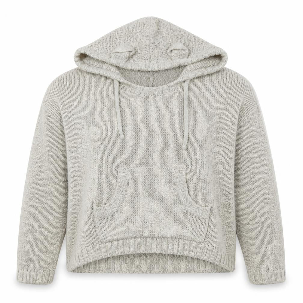 Front view of New Look women’s ivory acrylic pullover hoodie, size L, drawstring