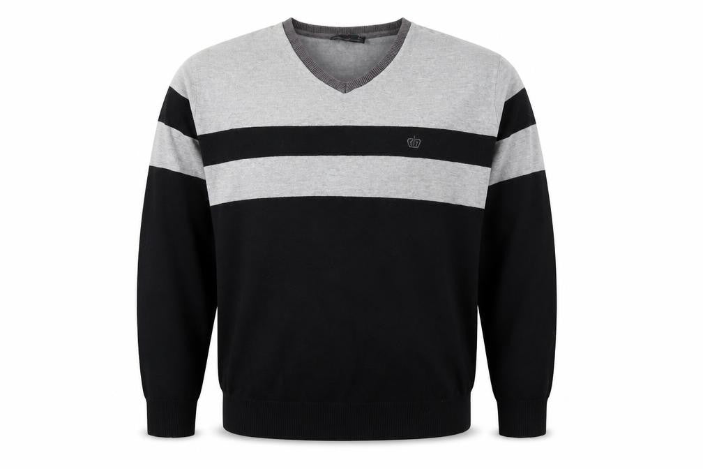 Front view of Next men’s black v-neck striped cotton jumper, size L