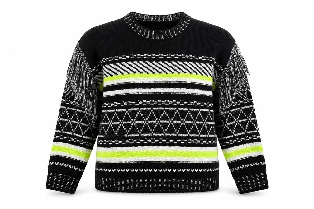 Front view of Full Circle women’s multicoloured crew neck geometric acrylic jumper, size L