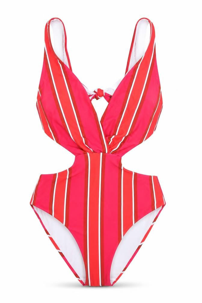 Front view of Misguided women’s red striped polyester one piece, size UK 8