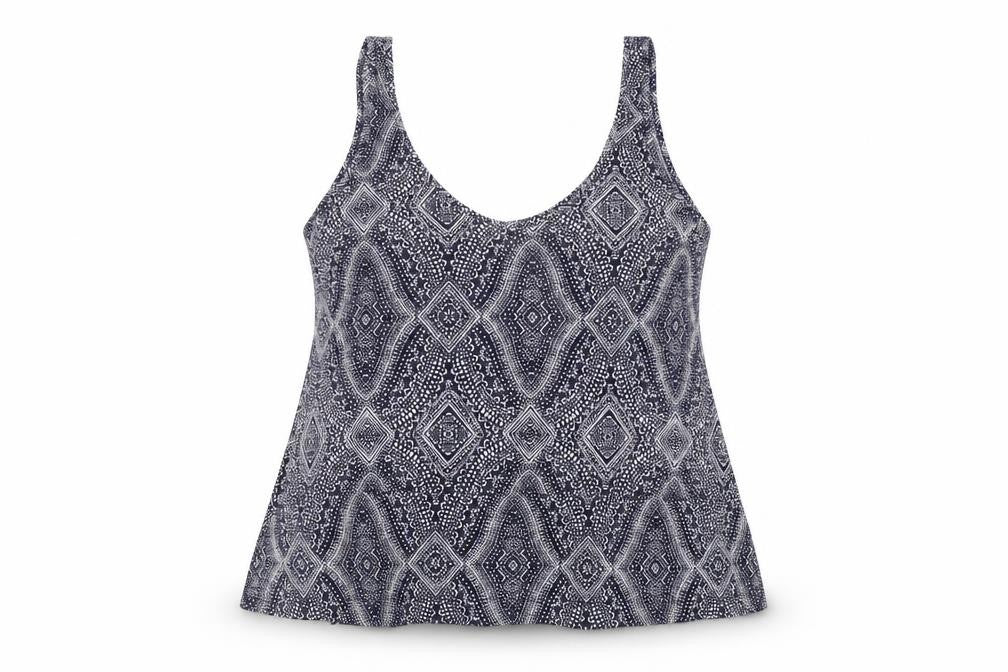 Front view of H&M women’s blue geometric polyester basic tank, size L, scoop neck