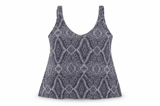 Front view of H&M women’s blue geometric polyester basic tank, size L, scoop neck