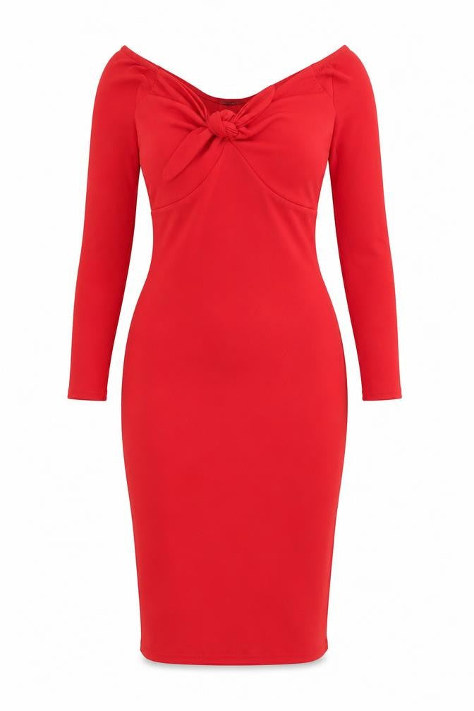 Front view of PRETTYLITTLETHING women’s red polyester bodycon, size UK 6, off the shoulder pullover