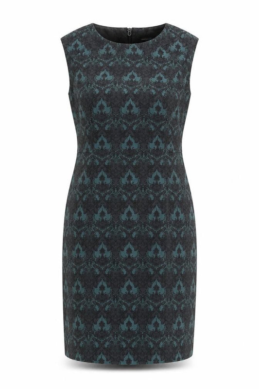 Front view of Next women’s green floral cotton pencil dress, size UK 12, round neck zip