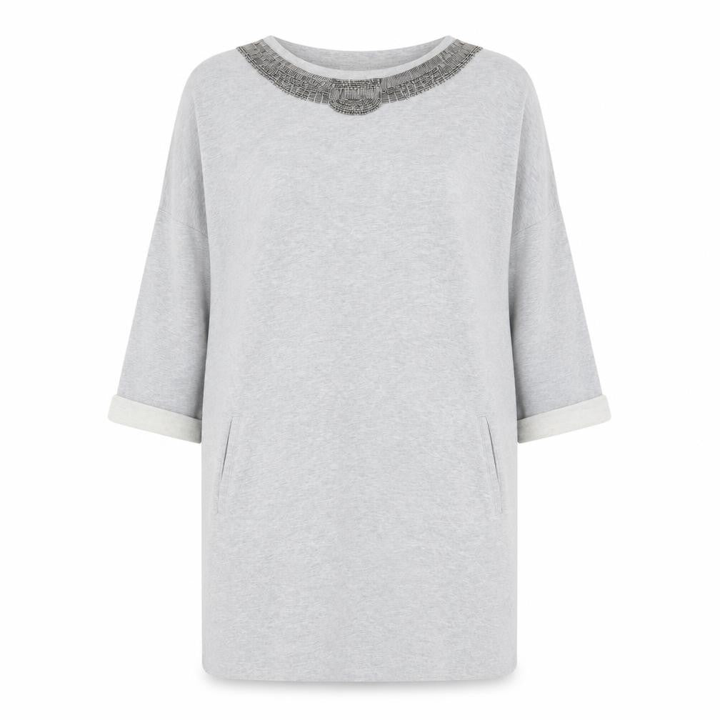 Linea Weekend Womens Grey Cotton Jumper Dress Size 14 Round Neck Pullover - Embellished Neckline