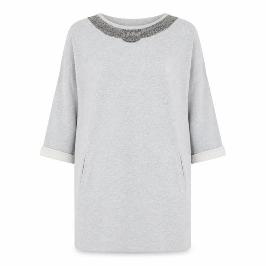 Front view of Linea Weekend women’s grey cotton jumper dress, size UK 14, round neck pullover - embellished neckline