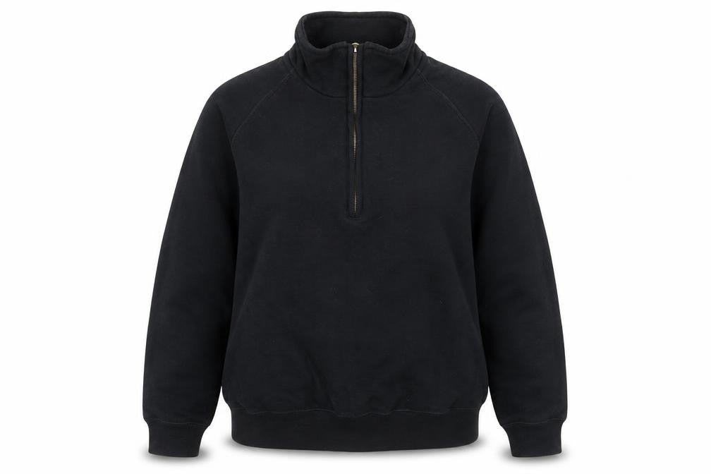 Front view of women’s black polyester pullover sweatshirt, size M, zip