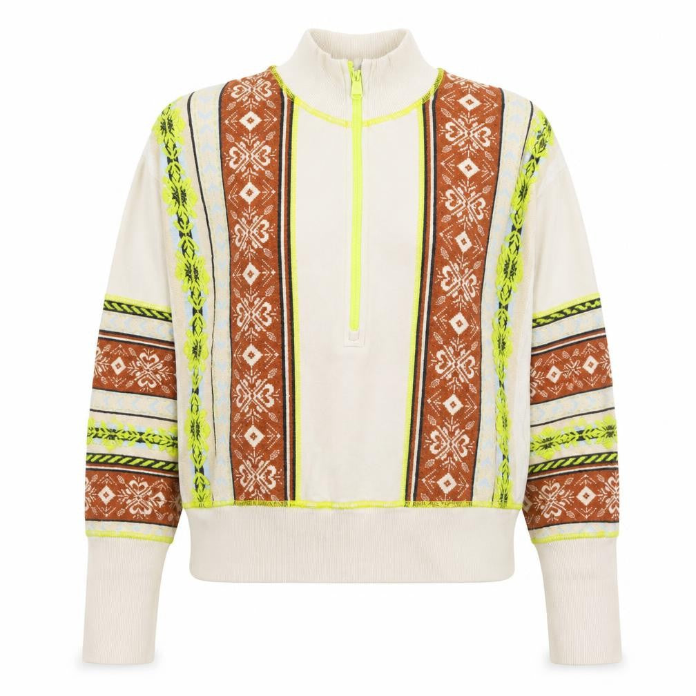 Front view of women’s multicoloured geometric cotton pullover sweatshirt, size L, zip
