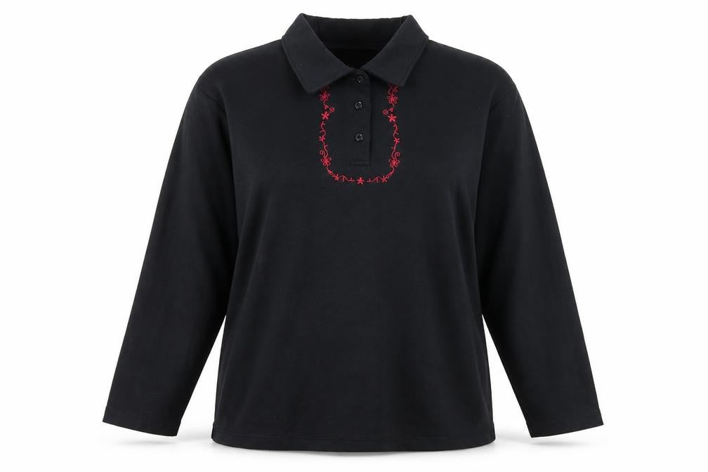 Front view of Icecube women’s black floral cotton pullover sweatshirt, size M, button