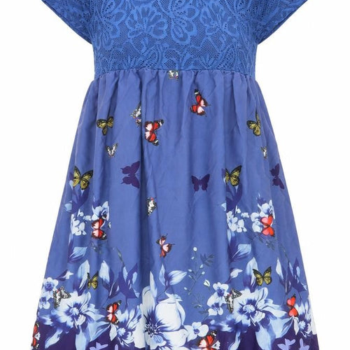 Preworn Womens Blue Geometric Polyester A-Line Size 6 Round Neck Pullover - Lace Detail, Butterfly