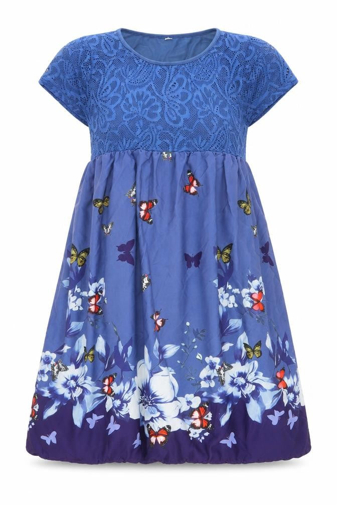 Preworn Womens Blue Geometric Polyester A-Line Size 6 Round Neck Pullover - Lace Detail, Butterfly