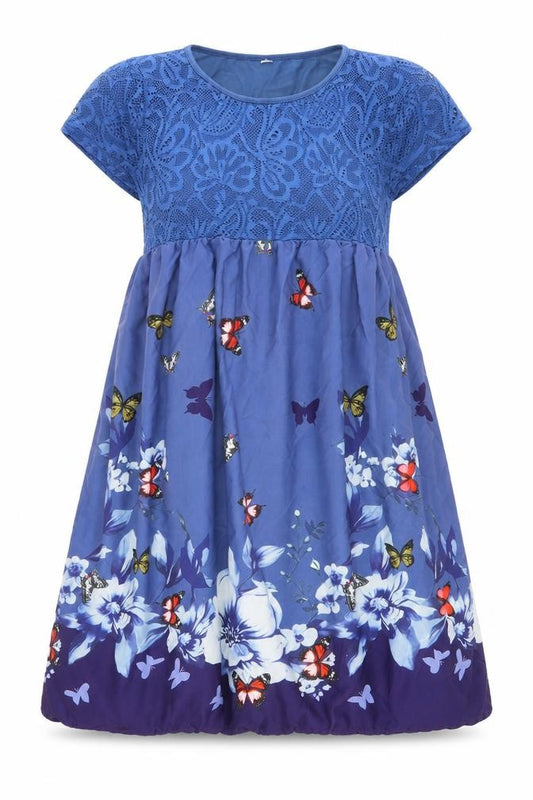 Front view of women’s blue geometric polyester a-line, size UK 6, round neck pullover - lace detail, butterfly