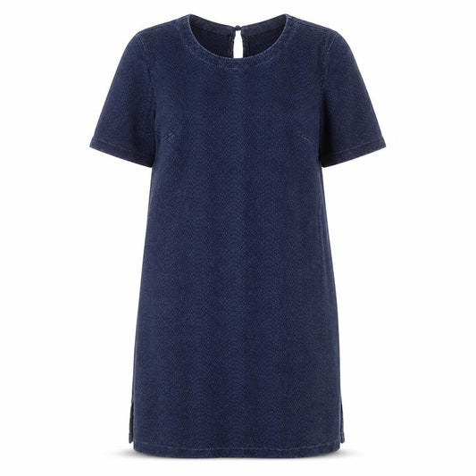 Front view of French Connection women’s blue animal print cotton a-line, size UK 12, round neck button - snake print