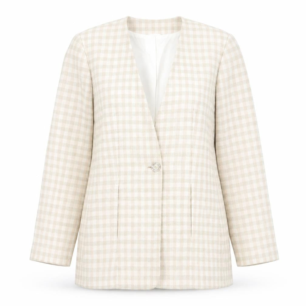 Front view of J Taylor women’s beige check jacket, size UK 14, button