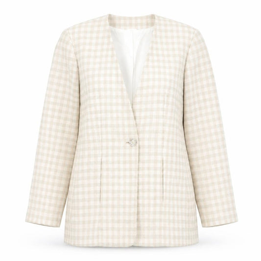 Front view of J Taylor women’s beige check jacket, size UK 14, button