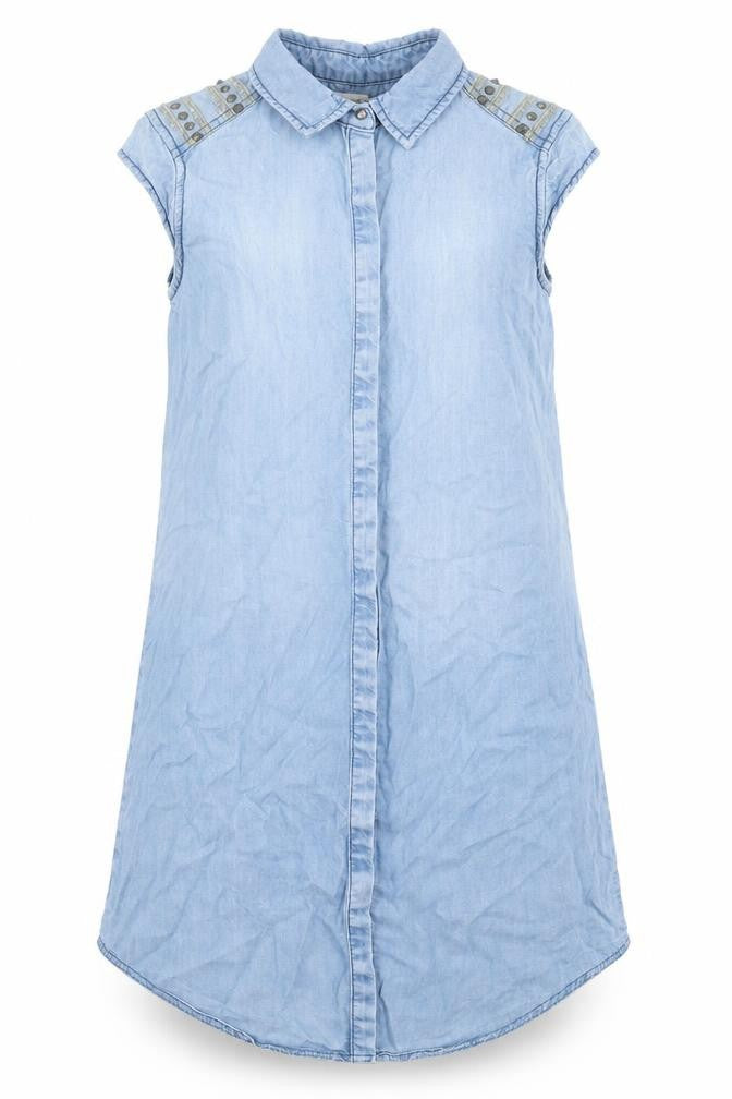 Front view of River Island women’s blue lyocell a-line, size UK 8, collared button