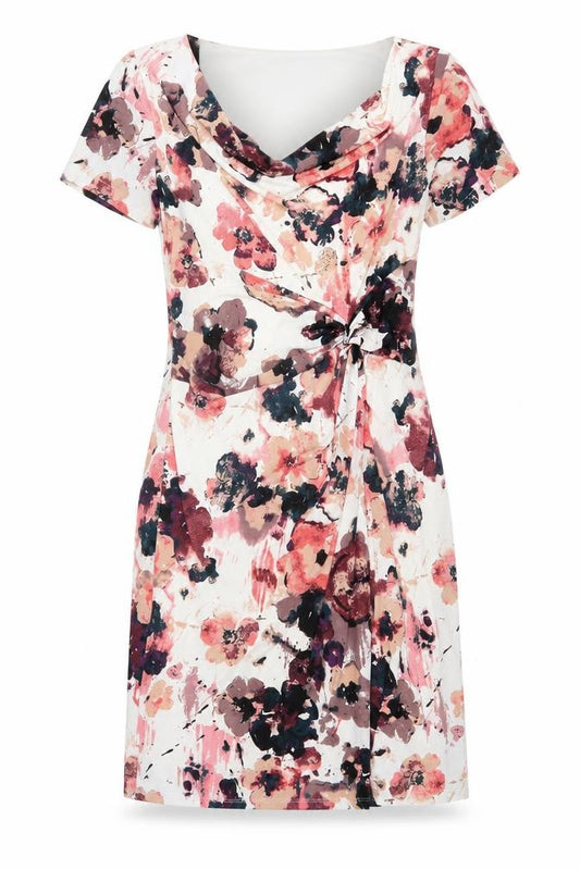 Front view of Marks & Spencer women’s pink floral polyester a-line, size UK 12, cowl neck pullover - twist front