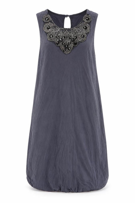 Front view of Dorothy Perkins women’s grey viscose tank dress, size UK 10, scoop neck button