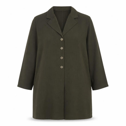 Front view of ELVI women’s green jacket, size UK 16, button