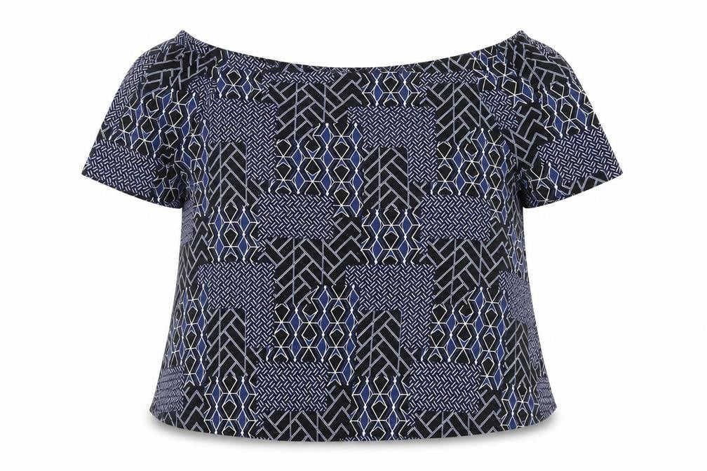 Front view of New Look women’s blue geometric polyester basic blouse, size UK 18, off the shoulder