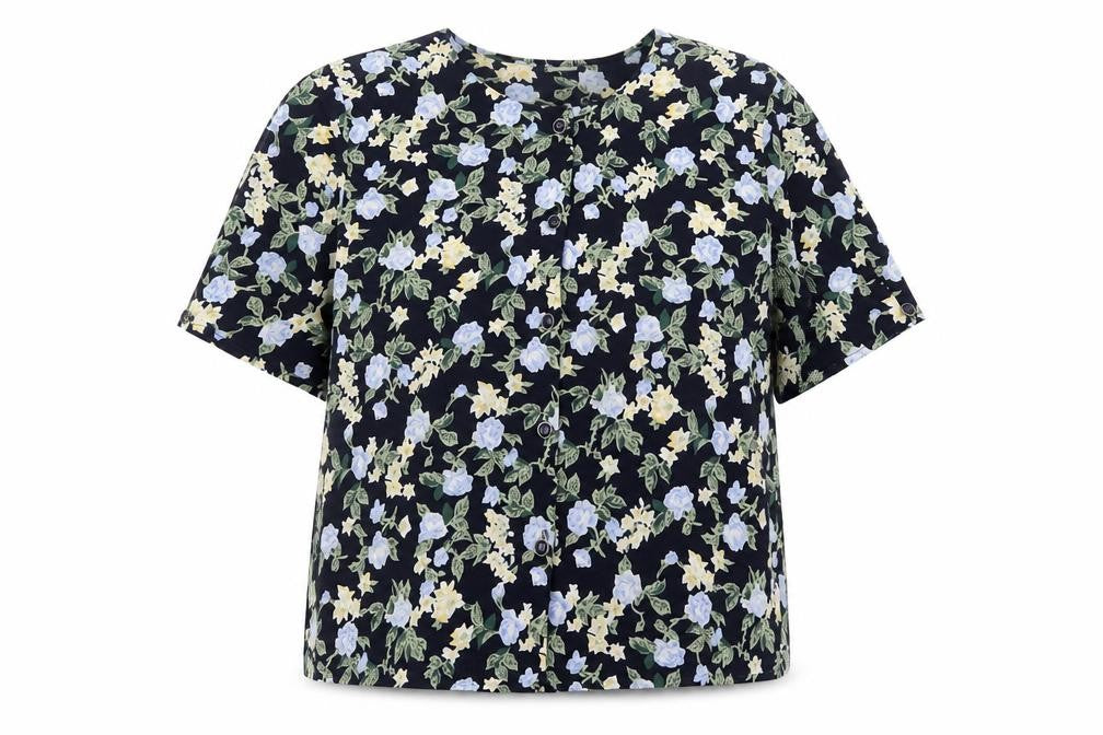 Front view of Preworn women’s blue floral polyester basic button-up, size UK 14, round neck