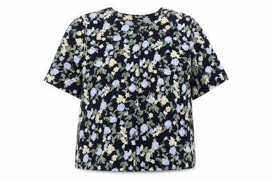 Front view of Preworn women’s blue floral polyester basic button-up, size UK 14, round neck