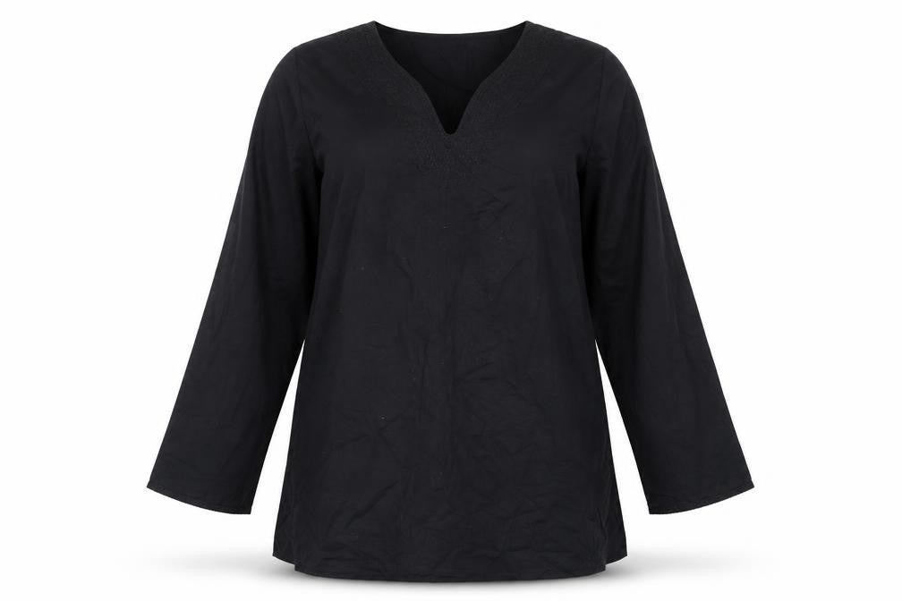 Front view of @ The beach women’s black cotton a-line, size UK 16, v-neck pullover