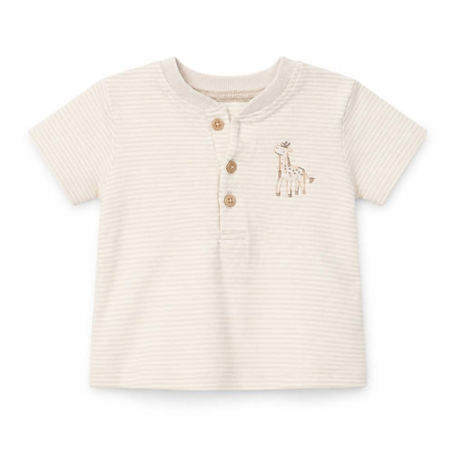 George Baby Beige Striped Cotton Basic T-Shirt Size 3-6 Months V-Neck Button - Giraffe