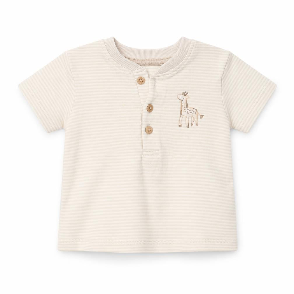 George Baby Beige Striped Cotton Basic T-Shirt Size 3-6 Months V-Neck Button - Giraffe