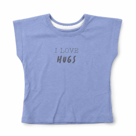 Front view of George Baby Blue Cotton Basic T-Shirt, size 3-6, Months Round Neck Pullover - I Love Hugs