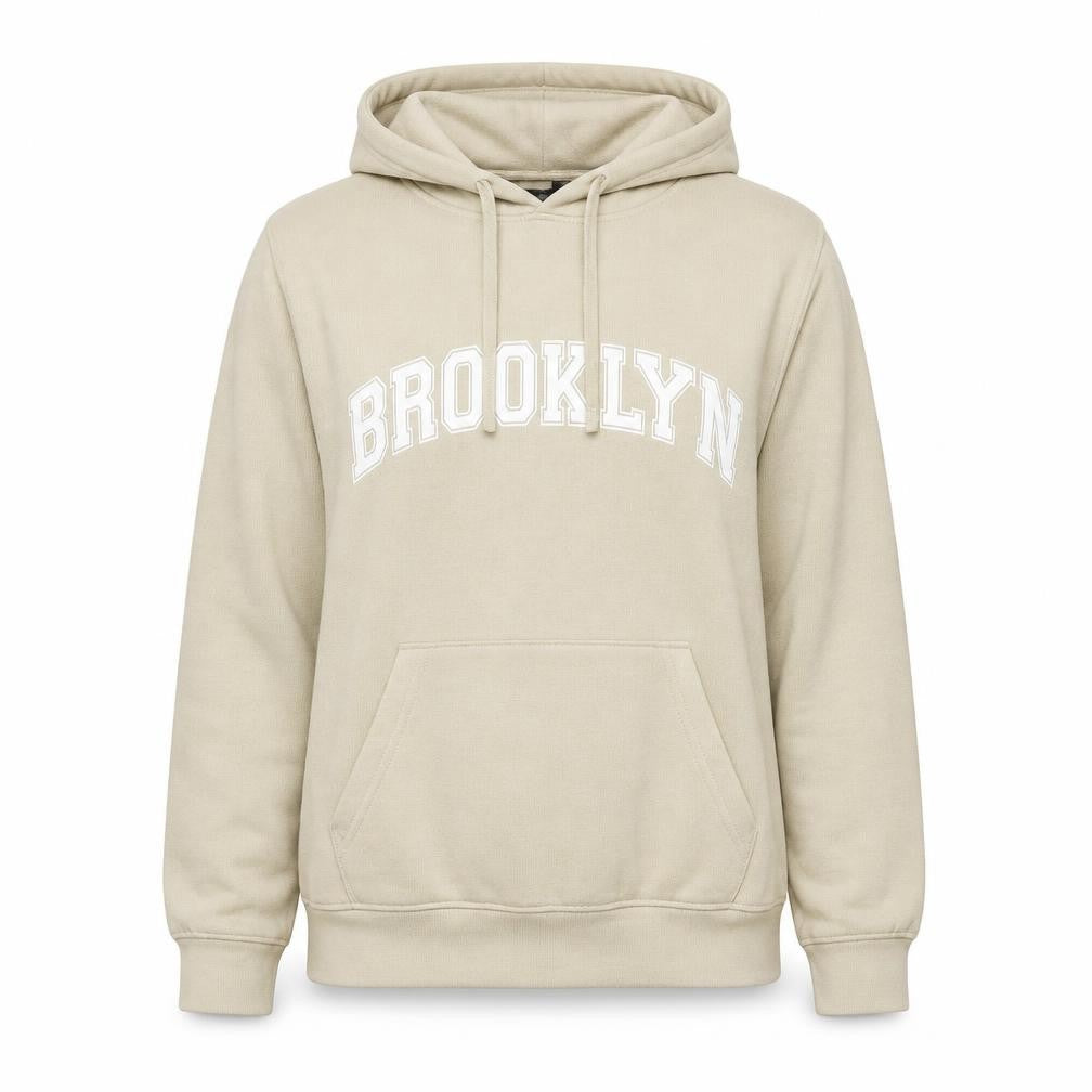 Front view of Peacocks Ways women’s beige polyester pullover hoodie, size S, pullover - brooklyn