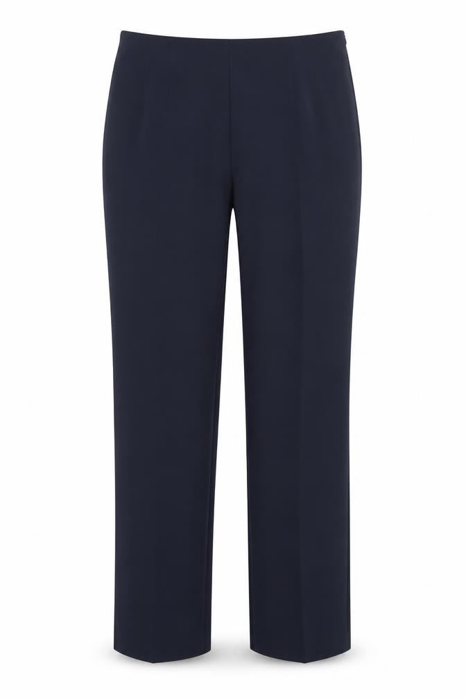 Front view of Marks & Spencer women’s blue polyester trousers, size UK 10, 27-inch leg regular zip