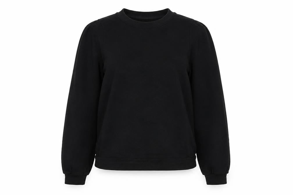 Front view of H&M women’s black polyester pullover sweatshirt, size S, pullover