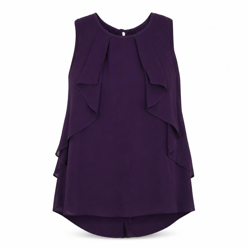 Front view of Dunnes women’s purple polyester basic blouse, size UK 12, round neck