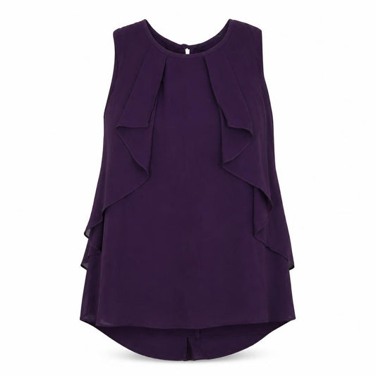 Front view of Dunnes women’s purple polyester basic blouse, size UK 12, round neck