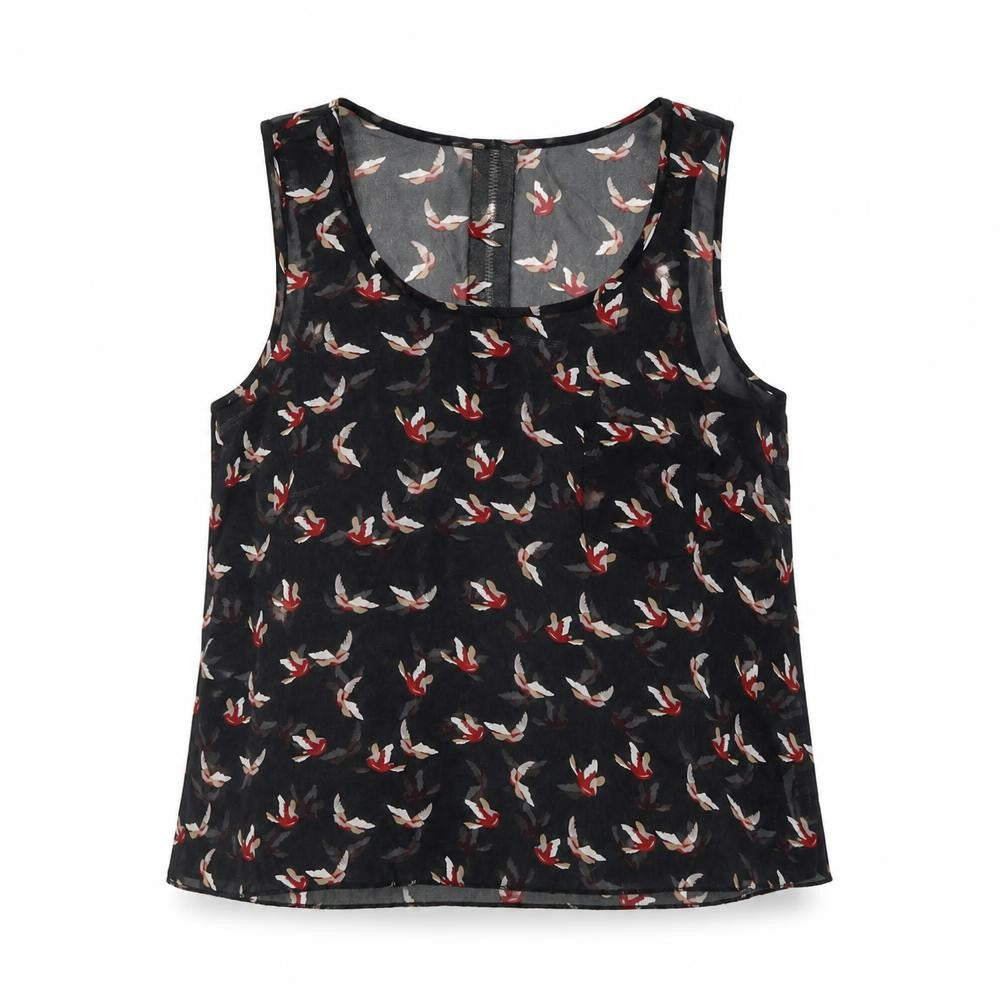 Front view of Cameo Rose women’s black geometric polyester basic blouse, size UK 8, round neck - bird pattern