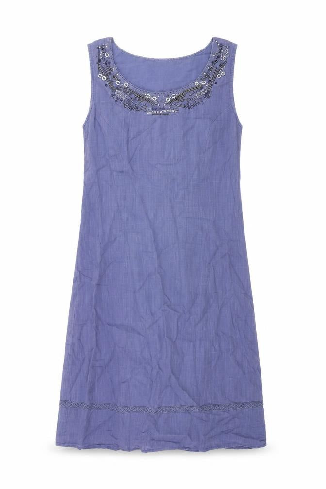 Front view of women’s blue polyester a-line, size UK 10, round neck zip