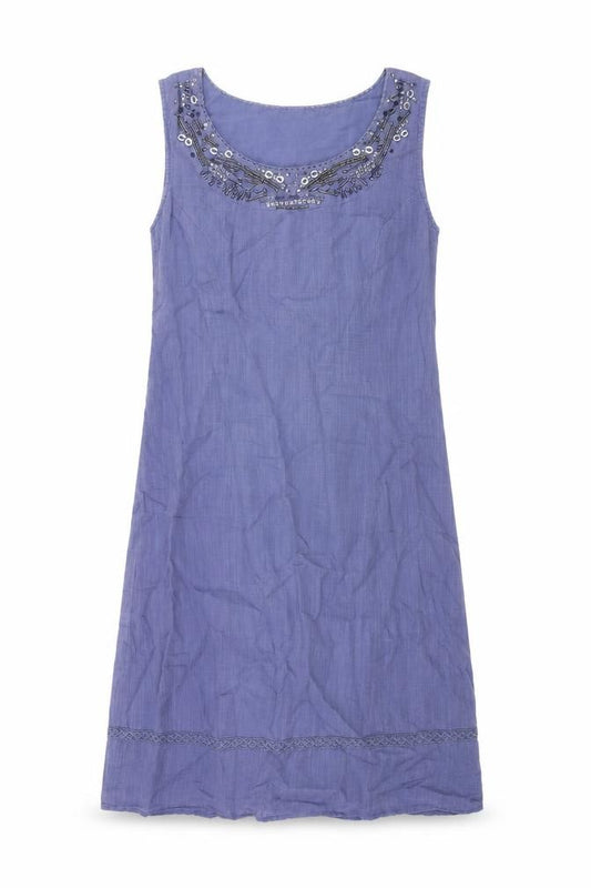 Front view of women’s blue polyester a-line, size UK 10, round neck zip